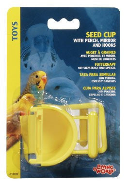 Living World Seed Cup with perch, mirror and hooks; varying colour.