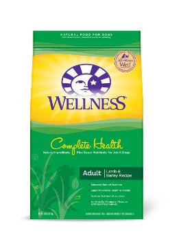 Wellness Complete Health Dry Dog Food, Lamb & Barley Recipe; available in 3 sizes.