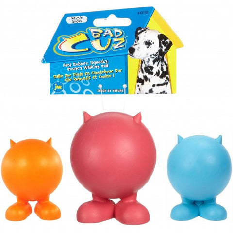 JW Pet Bad Cuz Hard Rubber Dog Toy; available in small and medium.
