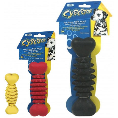 JW Pet Cyberbone Rubber Dog Toy; available in varying colours and 3 sizes.