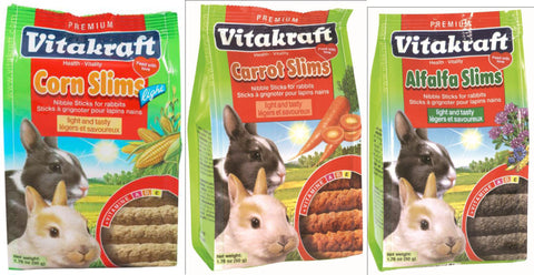 Vitakraft Slims for Rabbits; available in 3 flavours.