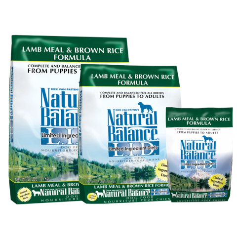 Natural Balance Dog Food, Lamb Meal & Brown Rice; available in 3 sizes.