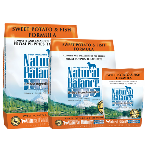 Natural Balance Dog Food, Sweet Potato & Fish; available in 3 sizes.