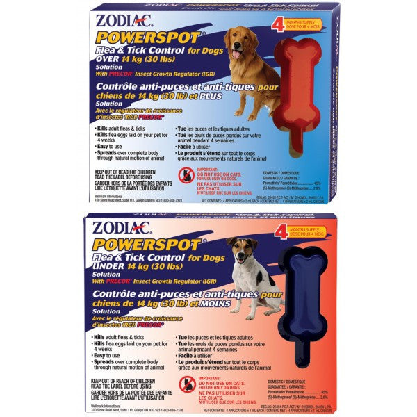 Zodiac Powerspot Flea and Tick Control for Dogs; 2 types available.