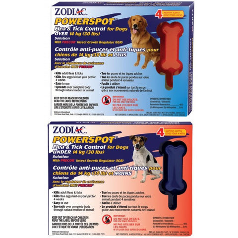 Zodiac Powerspot Flea and Tick Control for Dogs; 2 types available.